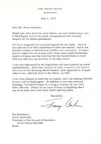 TYPED LETTER SIGNED (TLS) as President to the Prime Minister of Italy