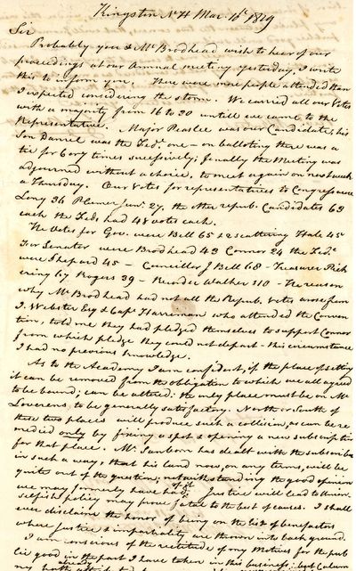 Autograph Letter Signed. Kingston, New Hampshire, March 16, 1829, to Rev. Martin Ruter, New Market, New Hampshire.