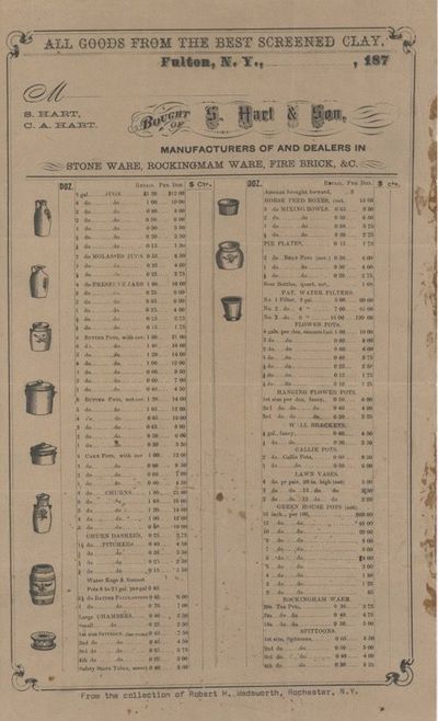 Bought of S. Hart & Son, Manufacturers of and Dealers in Stone Ware, Rockingmam [sic] Ware, Fire Brick, &c