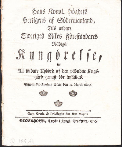 Hans Kongl. Höghets Hertigens af Södermanland,…