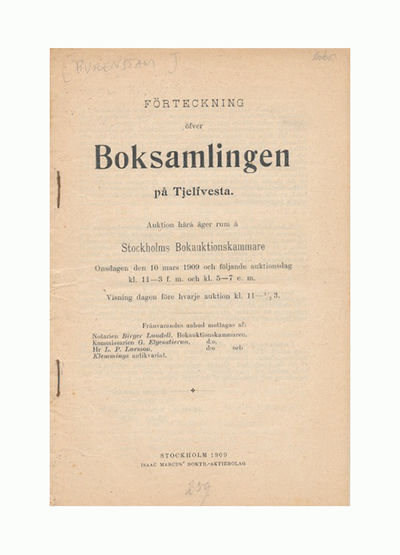 Förteckning öfver boksamlingen på Tjelfvesta.…