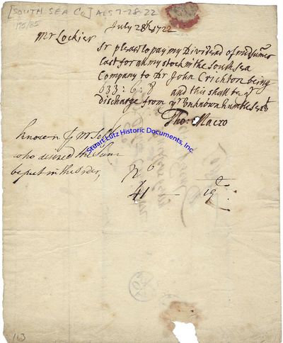A Man Transfers His Dividend Payment From The South Sea Company Two Years After That Company Hit The Peak Of Its Famous Bubble