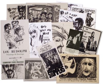 1991. Unbound. Near Fine. Thirteen original flyers, broadsides, and one handbill by artist Lou Rudol...