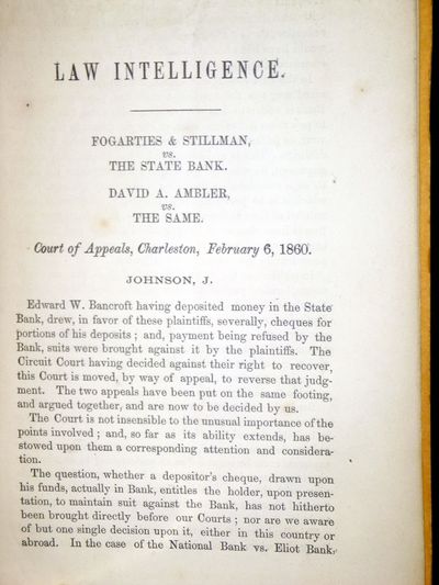 Law Intelligence: Fogarties & Stillman Vs. The State Bank..(Charleston [S.C.], 1860