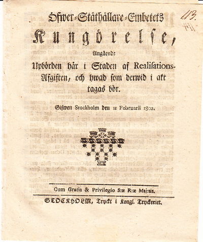 Öfwer-Ståthållare-Embetets Kungörelse, Angående…