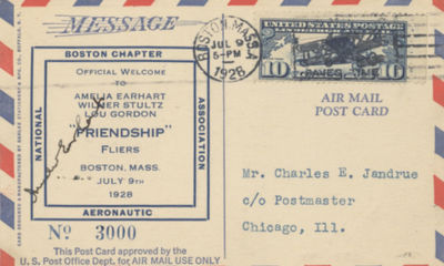 Colorful Airmail Postcard Signed by Pioneer Aviatrix Amelia Earhart in 1928, Commemorating Her Reception in Her Hometown When She Became the First Female Aviator to Fly Across the Atlantic Ocean