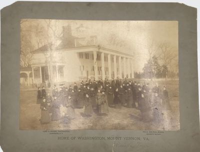 HOME OF WASHINGTON, MOUNT VERNON, VA." [caption title]; Large Cabinet Card of Exterior Showing Tour Group. "Friend's Excursion...1st Mo. 1889
