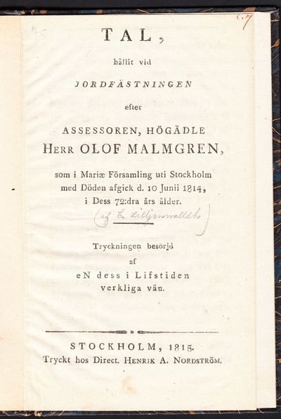 Tal, hållit vid jordfästningen efter assessoren,…