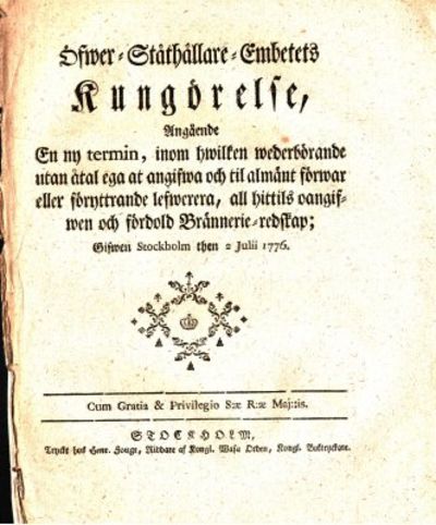 Öfwer-Ståthållare-Embetets Kungörelse, Angående…
