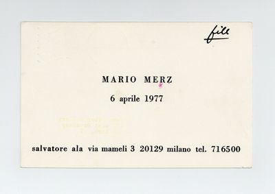 Exhibition postcard: Mario Merz (opens 6 April 1977)