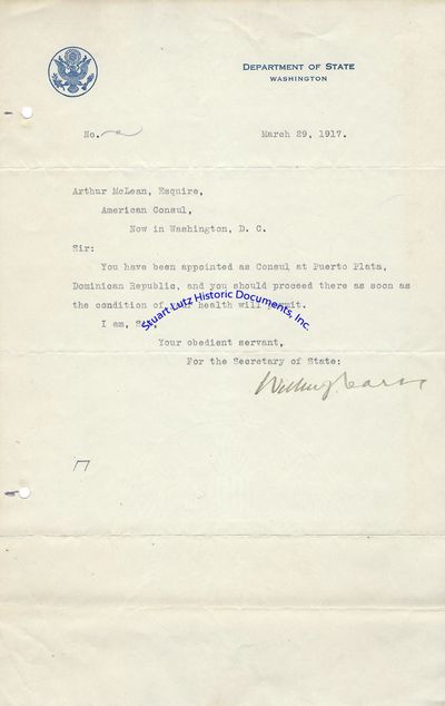 A Pair Of Letters By Influential American Diplomat Wilbur Carr; One Mentions A Special Cipher Code