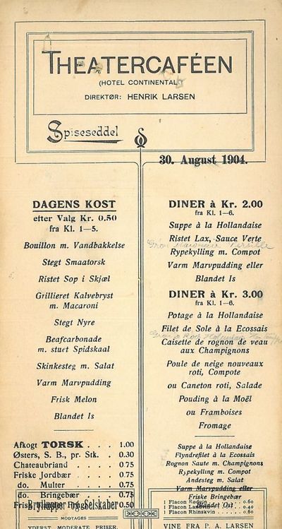 Spiseseddel den 30. August 1904.