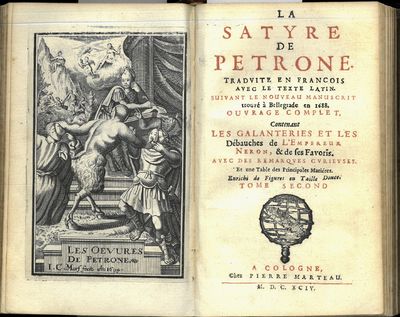 La Satyre de Petrone, tradvite en francois avec le texte latin, suivant le nouveau manuscrit trouvé à Bellegrade en 1688. Ouvrage complet, contenant les galanteries et les débauches de l’empereur Neron, & de ses favoris : avec des remarqves cvrievses, et une table des principales matiéres. Enrichi de figures en taille douce. Tome premier - tome second. (I ett bind). (photo 2)