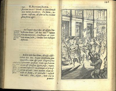 La Satyre de Petrone, tradvite en francois avec le texte latin, suivant le nouveau manuscrit trouvé à Bellegrade en 1688. Ouvrage complet, contenant les galanteries et les débauches de l’empereur Neron, & de ses favoris : avec des remarqves cvrievses, et une table des principales matiéres. Enrichi de figures en taille douce. Tome premier - tome second. (I ett bind). (photo 3)