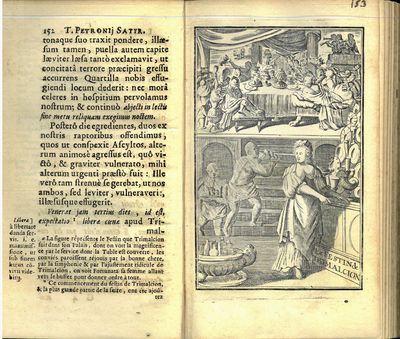 La Satyre de Petrone, tradvite en francois avec le texte latin, suivant le nouveau manuscrit trouvé à Bellegrade en 1688. Ouvrage complet, contenant les galanteries et les débauches de l’empereur Neron, & de ses favoris : avec des remarqves cvrievses, et une table des principales matiéres. Enrichi de figures en taille douce. Tome premier - tome second. (I ett bind). (photo 4)