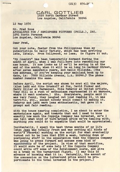 Original typed letter signed from Carl Gottlieb to Fred Roos, May 12 , 1976