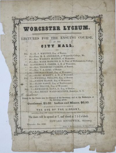 WORCESTER LYCEUM. LECTURES FOR THE ENSUING COURSE, AT THE CITY HALL [Caption title]