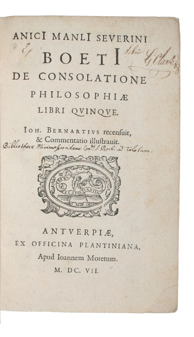 De consolatione Philosophiae. Libri quinque. Ioh. Bernartius recensuit, & commentario illusravit. & De consolatione Philosophiae. Libri V. nunc denuò Variis lectionibus & Notio illustrati À Theodoro Sitzmano. Quibus subiunctus  & Theodori Pulmani de M... - [PRE-COLLECTED EDITION OF THE "VARIORUM BOETHIUS"] (photo 2)