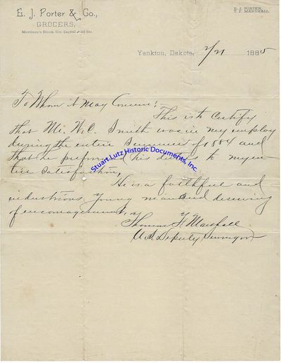 An Early Dakota Letter - Future Congressman From North Dakota Thomas F. Marshall Recommends An Employee