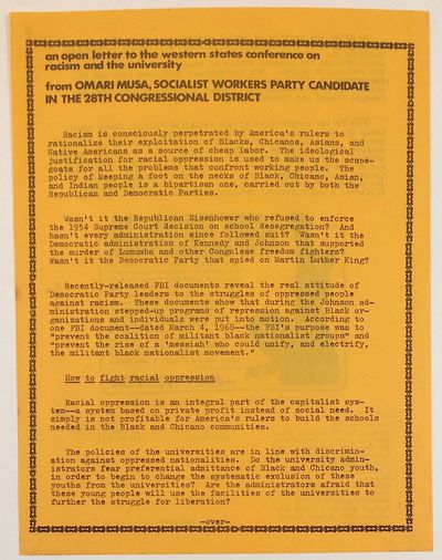 Los Angeles: , 1974. 8.5x11 inch handbill, very good, printed both sides. Argues that racism is inte...