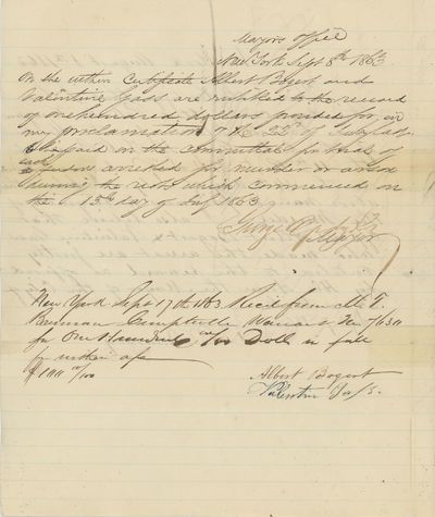 Document Noting the Capture of Patrick Keegan and Patrick O’Brien for the Murder of Colonel Henry F. O’Brien who Was Murdered in the New York Race Riots, and the Payment of a Reward for the Capture, Signed by New York City Mayor George Opdyke and Others