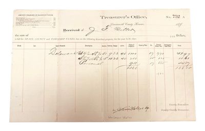 Tax Reciept from Leavenworth County in 1879 for taxes paid by J. F. Miller signed at bottom by J. Lewis Waller Esq