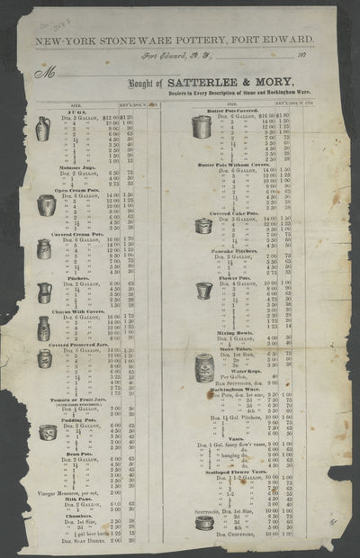 New York Stone Ware Pottery, Fort Edward, N.Y. Bought of Satterlee & Mory, Dealers in Every Description of Stone and Rockingham Ware