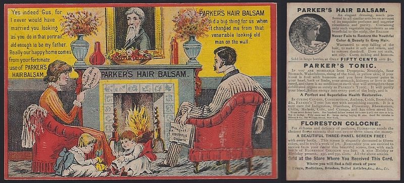 VICTORIAN TRADE CARD FOR PARKER'S HAIR BALSAM WITH HAPPY FAMILY AT HOME