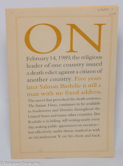 “On February 14, 1989, the religious leader of one country issued a death edict against a citizen of another country. Five years later Salman Rushdie is still a man with no fixed address…”