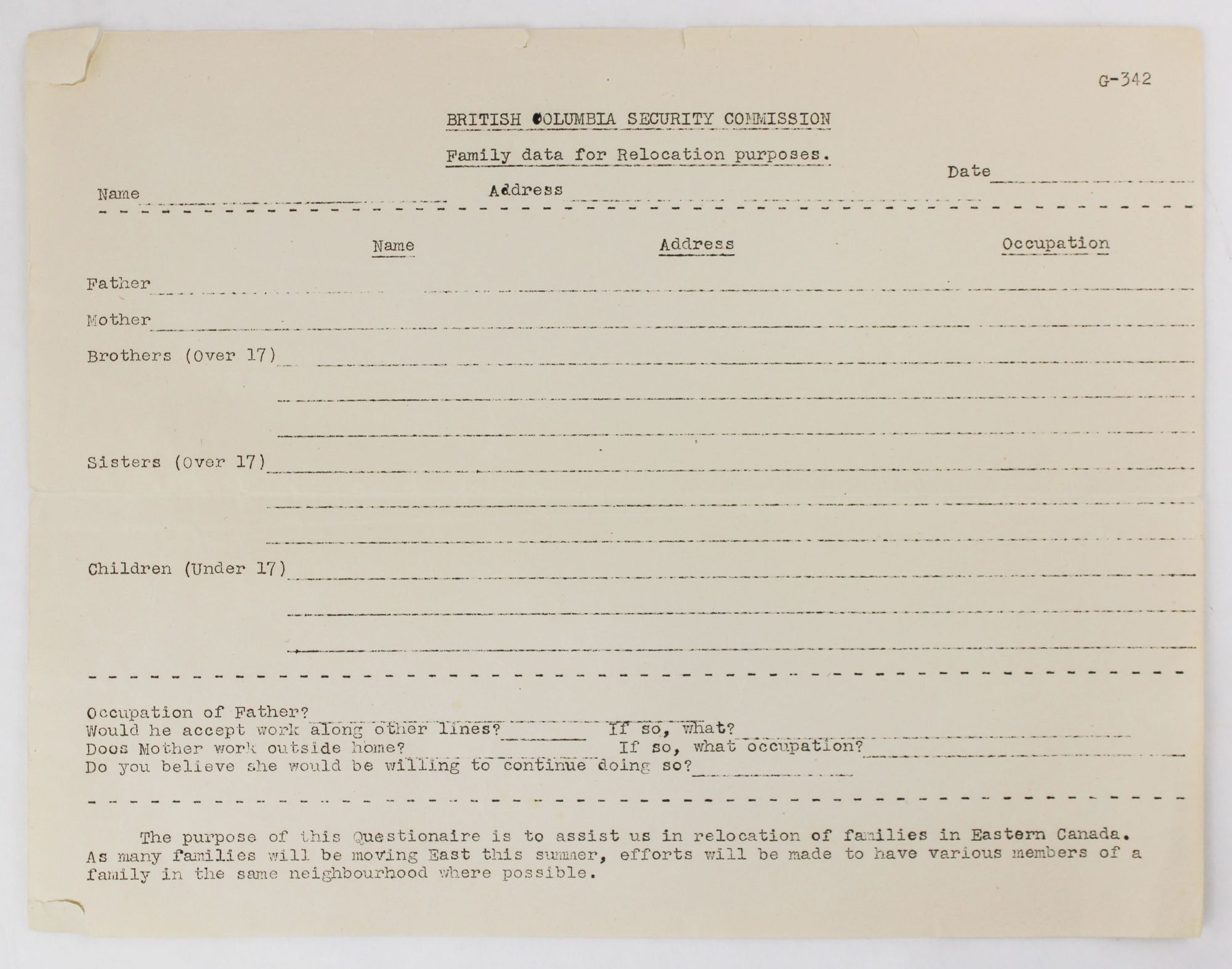 [Blank Form Used for Canadian Relocation]
