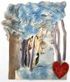 Unusual Purple and Blue Forest Hinged Valentine with Brundage Boy Daisy Flower Child. Feathered Quill and Valentine Art Nouveau Influence