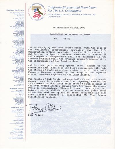 Apollo 11 Astronaut Buzz Aldrin Letter Signed on "California Bicentennial For the U.S. Constitution" letterhead