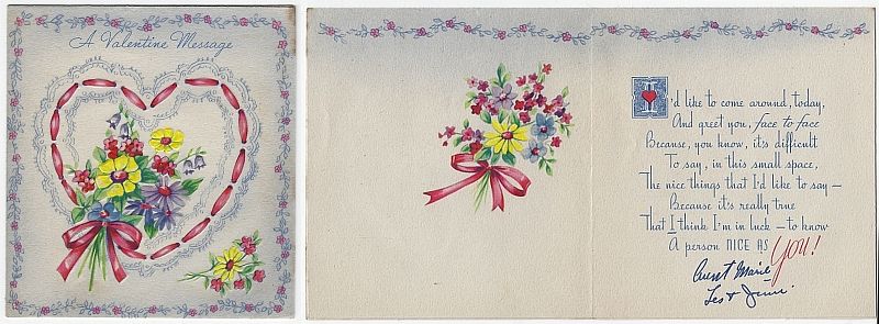 Valentine - Vintage Valentine Card with Flowers and Ribbon Heart