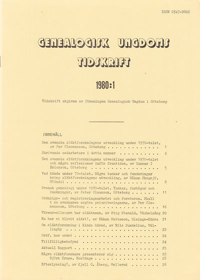 Genealogisk Ungdoms Tidskrift 1980:1-4. (Årg. 4).…