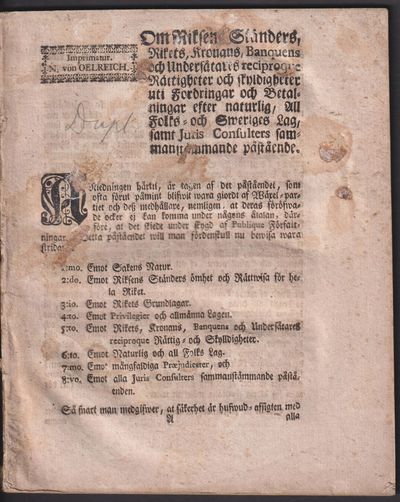Om riksens ständers, rikets, kronans, banquens…