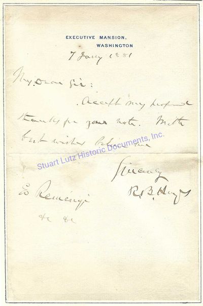 President Hayes Handwrites A Letter On Executive Mansion Letterhead To The Hungarian Violinist Ede Remnyi