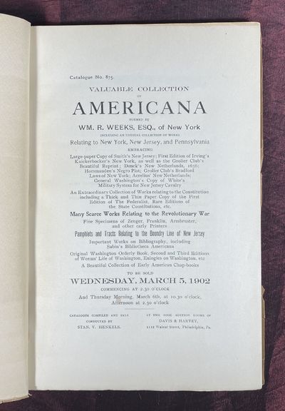 Philadelphia: Henkels, 1902. First Edition. Very good. Small folio. , 140 pp., 997 lots, neatly PRIC...