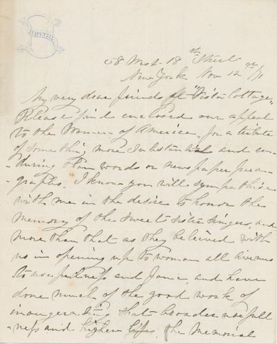 Intimate Letter on Sorosis Club Stationery to the Snow Family of Rockland, Maine Discussing a Memorial for the Cary Sisters, 1871