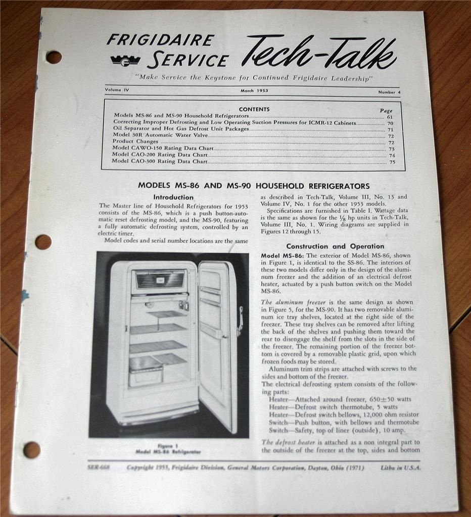 BIBLIO Frigidaire 1953 Models MS86 and MS90 Household Refrigerators