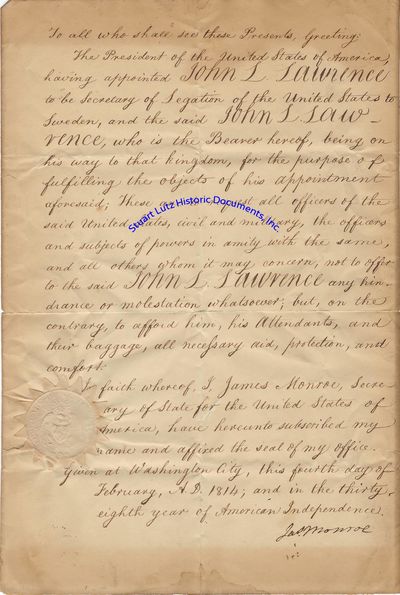 Letter And Commission Showing Secretary Of State, And Future President, James Monroe Appointing John Lawrence To The Swedish Delegation During The War Of 1812