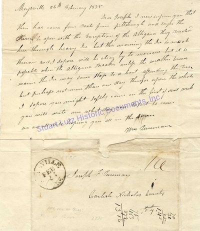 1835 Letter Shows Logistics Of Steamboat Travel: They Reached Here Through Heavy Ice But This Morning The Ice Is Much Thinner