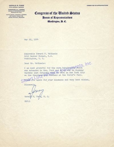 Gerald Ford Thanks For 1964 Worlds Fair For Their Hospitality