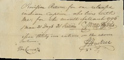Manuscript Provision Return for “one released Indian captive who lives with me,” Signed by Army Paymaster Caleb Swan, March 1796