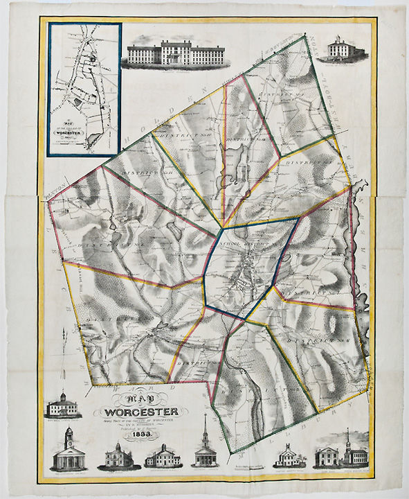 A Map of Worcester Shire Town of the County of Worcester by Heman S. (17911838) STEBBINS 1833