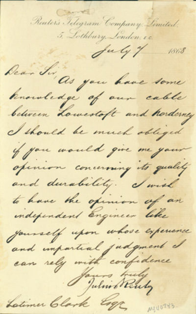 Letter signed to Latimer Clark