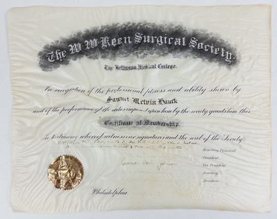 LATE 19th-CENTURY "W.W. KEEN SURGICAL SOCIETY" MEMBERSHIP CERTIFICATE
