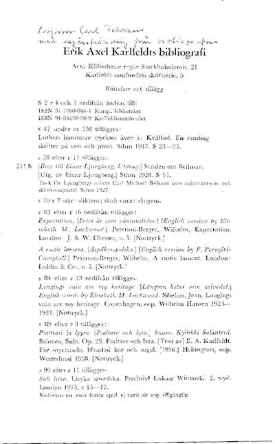 Erik Axel Karlfeldts bibliografi [...] Rättelser…