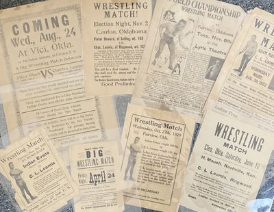 [Group of Eight Oklahoma and Kansas Wrestling Broadsides Featuring Light Heavyweight Charles Loomis]