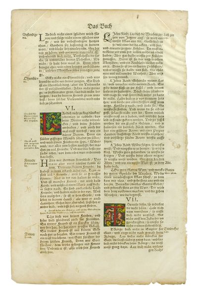 1557. Wittenburg: H. Lufft, 1557. 8.5 x 13 inches. Double sided page with three illuminated initials...