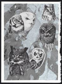 cover of Composition of Owl Heads detail on a one-of-a-kind hand marbled paper composition presented on a blank note card.